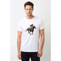 At Yarışı Jokey Baskılı Beyaz Erkek Tshirt At Yarışı Jokey Baskılı Beyaz Erkek Tshirt