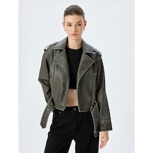 Koton Kemerli Fermuarlı Eskitilmiş Görünümlü Oversize Biker Suni Deri Ceket Gri 5sak20013ew Gri