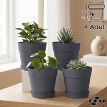 Tabaklı Delikli Plastik Çiçek Saksısı, 13 Cm 1.1 Lt, 4 Adet, Antrasit Diğer