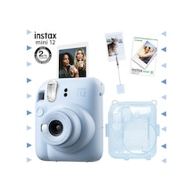 Fujifilm Instax Mini 12 Fotoğraf Makinesi + 10'lu Film + Kıskaçlı Resim Standı + Simli Pleksi Kılıf Seti Mavi