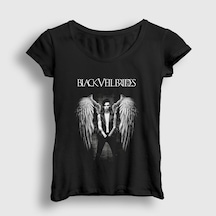 Presmono Kadın Wings Veil Brides T-shirt Siyah