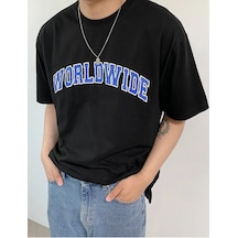 Hırsch Unisex Siyah Oversize Bisiklet Yaka Worldwide Baskılı T-shirt SIYAH
