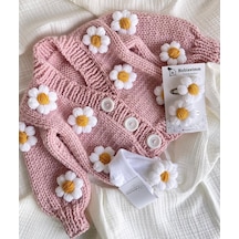 Mervedesign Papatyalı Hırka Seti Çorap- Toka- Hırka Açık Pembe