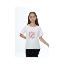 Toontoy Kids Toontoy Kız Çocuk Baskılı Bisiklet Yaka Kısa Kollu Yırtmaçlı Tişört Ekru