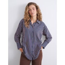 Lcw Modest Lacivert Çizgili Oversize Kadın Gömlek Tunik