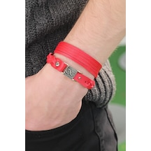 Ezoconcept Desenli Metal Aksesuarlı Kırmızı Renk Deri Erkek Bileklik Kombin