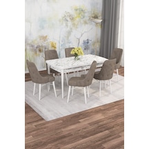 Jusie Beyaz Mermer Desen 80x132 Açılabilir Sunta Masa Yemek Odası Takımı, Mutfak Takımı 6 Sandalye Cappuccino