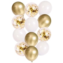 12 İnç Beyaz Gold Ve Konfetili Karışık Balon 10 Adet