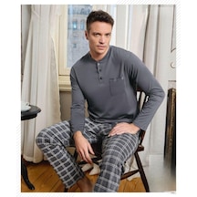 Pijamoni Erkek Düğme Yaka Uzun Kol Mevsimlik Pijama Takımı 6800/11 - 1 Adet Füme