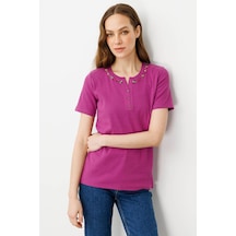 Kadın Açma Yaka Boncuk İşlemeli Pamuklu T-shirt Lacivert Sıklamen