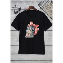Unisex Sevimli Kedi Baskılı Tasarım T-shirt SIYAH