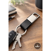 3 Adet Siyah Gümüş Metal Anahtarlık Deri Detaylı Promosyon Anahtarlık, İsme Özelleştirilebilir, Metal Keychain Key Ring