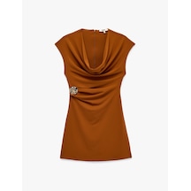 Koton Slim Fit Kısa Kollu Metal Aksesuarlı Degaje Yaka Bodycon Mini Abiye Elbise Kahverengi 7wak80022fk Kahve