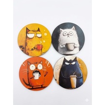 Komik Kedi Tasarımlı Yuvarlak Bardak Altlığı, 4'lü Set,renkli 1