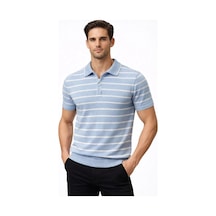 Wear Vexel Erkek Triko Polo Yaka Fermuarlı Çizgili Tişört T-shirt Yazlık Şık - Bebek Mavisi Çok Renkli