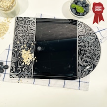 Kanallı Cam Kesme Tahtası - Black Ornament - Kenarı Oval- 25x35cm