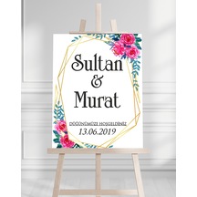 Söz Nişan Düğün İçin 50x70 Karşılama Panosu - Renkli Çiçek Ve Yaprak Tasarımlı Beyaz