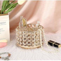 Chacha Home Kristal Taşlı 4 Bölmeli Metal Makyaj Fırçalık Ve Takı Düzenleyici Stand 15x11 Cm - Lüks Masaüstü Organizer Rose Gold