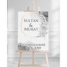 Söz Nişan Düğün İçin 50x70 Karşılama Panosu - Gri Çiçek Desenli Beyaz