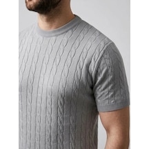 Vexor Erkek Yazlık Triko Dokuma Tişört Kısa Kol Bisiklet Yaka Örgü Desenli T-shirt - Gri