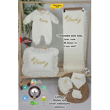 Gros Shop Müslin Yeni Doğan 4katlı Organik %100pamuk Kişiye Özgü Nakışlı Hastane Çıkış Seti-başak Model Ekru-1
