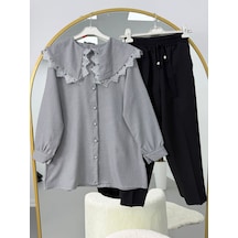 Lovie Moda Yakası Dantel Detaylı Pantolonlu Takım Gri-siyah