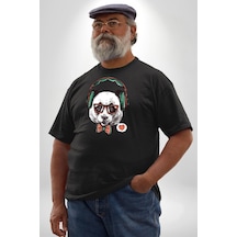 Angemiel Kulaklıklı Hipster Portre Panda Siyah Büyük Beden Erkek Kadın Unisex Basic Ön Baskılı Tişört Siyah