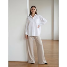 Pera Moda Oversize Arkası Uzun Önü Kısa Poplin Gömlek Beyaz