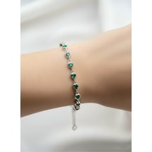 Çekirdekjewelry 925 Ayar Gümüş Kalplı Taşlı Bileklik Gri Yeşil