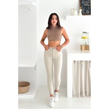 HLT Jeans Kadın Taş Renk Süper Skinny Fit Koyu İplik Detaylı Esnek Likralı Yüksek Bel Jean Kot Pan Jennie-2008 Krem