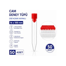 16x100 Mm Cam Deney Tüpü Dibi Konik Kapaklı 50 Adet Laboratuvar Test Tüpü