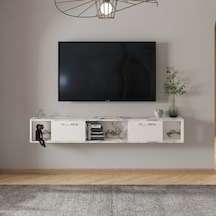 T006 Viero Mermer Desenli Duvara Monte Tv Ünitesi 160 Cm, Kapaklı Raflı - Beyaz/beyaz Mermer Beyaz/beyaz Mermer