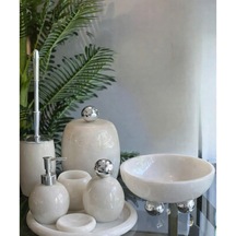 Dekoratif Doğal Beyaz Oval Mermer 8 Parça Gümüş Disko Banyo Seti