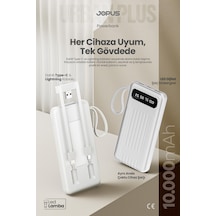 10000mah Powerbank Dahili Kablolu, Lcd Ekranlı, Led Lambalı, Taşınabilir Şarj Cihazı Beyaz