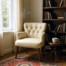 Waterybrook Tekli Berjer Koltuk - Kapitoneli Suni Deri - Ceviz Ahşap Ayaklı - Retro Modern Tasarım Krem
