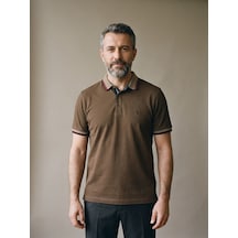 Maccali Erkek Kahve Amblemli Kontrast Biyeli Polo Yaka Tişört Kahverengi