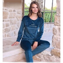 Pijamoni Kadın Kışlık Bisiklet Yaka Likralı Soft Kadife Pijama Takımı 4200/14 - 1 Adet 001