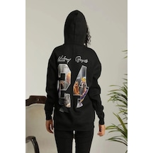 Kadın Oversize Kapüşonlu Cepli Baskılı 3 İplik Pamuklu Hoodie Sweatshirt - Siyah