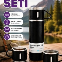500 Ml 304 Paslanmaz Çelik Isı Korumalı Termos Ve 2 Bardak Seti Silikon Tabanlı Çok Renkli