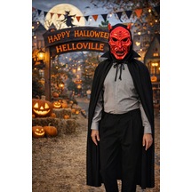 Parlak Kırmızı Şeytan Kafatası Maske Ve Yakalı 120 Cm Pelerinli Halloween Korku Kostüm Seti Cosplay