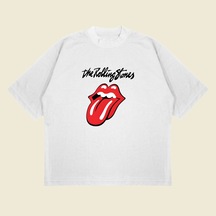 Tarzsokak The Rolling Stones Baskılı Oversize Unisex Pamuklu Nefes Alan Kalın Kumaşlı Beyaz