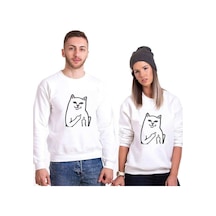 Tshirthane Kedi Kız Erkek Sevgili Kombinleri Unisex Sweatshirt Kırık Beyaz