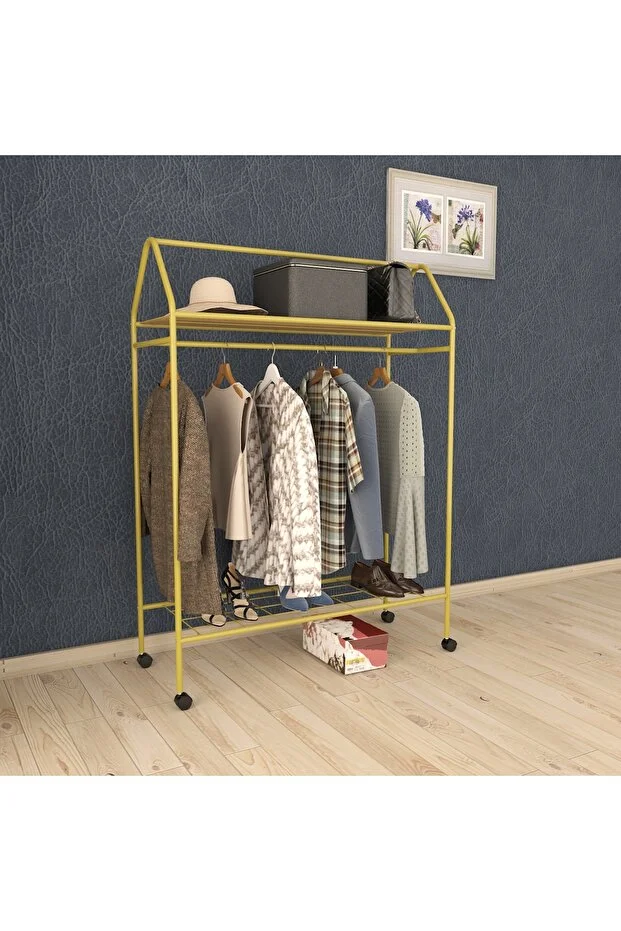 Tekerlekli Home Hanger Metal Askılık Ayaklı Askılık Sarı