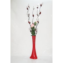 60 Cm Desenli Kırmızı Vazo 5 Adet Beyaz Üzüm ve Pembe Gül