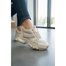 Enoch Kadın Gizli Dolgu Topuk Spor Ayakkabı Baskı Detaylı File Saya Ve Yüksek Tabanlı Sneaker Bej