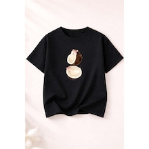 Herkesemoda Coconat Baskı Detaylı Kadın Bisiklet Yaka Pamuklu T-shirt Siyah