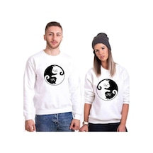 Tshirthane Cat Yingyang Sevgili Kombinleri Unisex Sweatshirt Kırık Beyaz