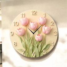 Çiçek Renkli Baskı Desenli Sayılı Hediyelik Ahşap Sessiz Tablo Duvar Saati 85 Renkli