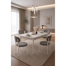 Renlife Açılır Yemek Masası Ve Sandalye Seti Metal Ayaklı 4 Sandalye + 80x130 Masa Beyaz Mermer Krem Beyaz Mermer Gri