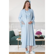 Mecit Pijama Mecit 5417 Mavi Uzun Sabahlıklı Lohusa Gecelik Takımı